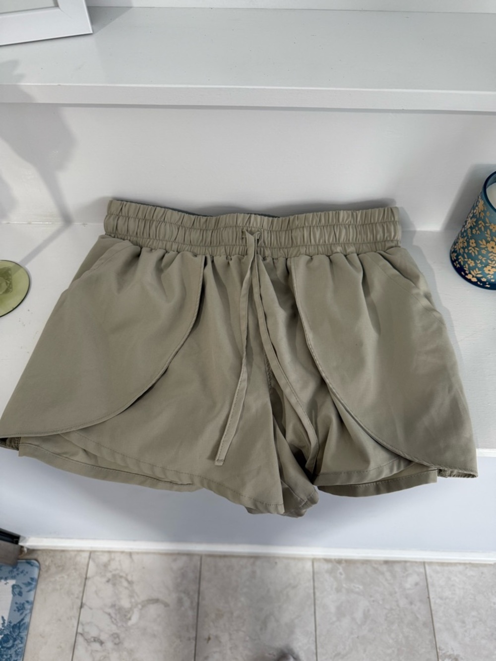 Women's Olive Drawstring Layered Hem Shorts